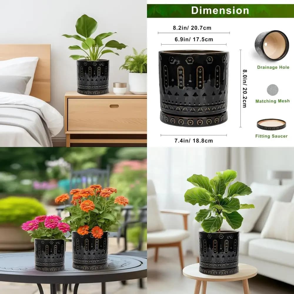 Interior and Exterior Plants from 8 Inches with Drainage and Underwater, Decorative Round Planters for Home and Garden, Black