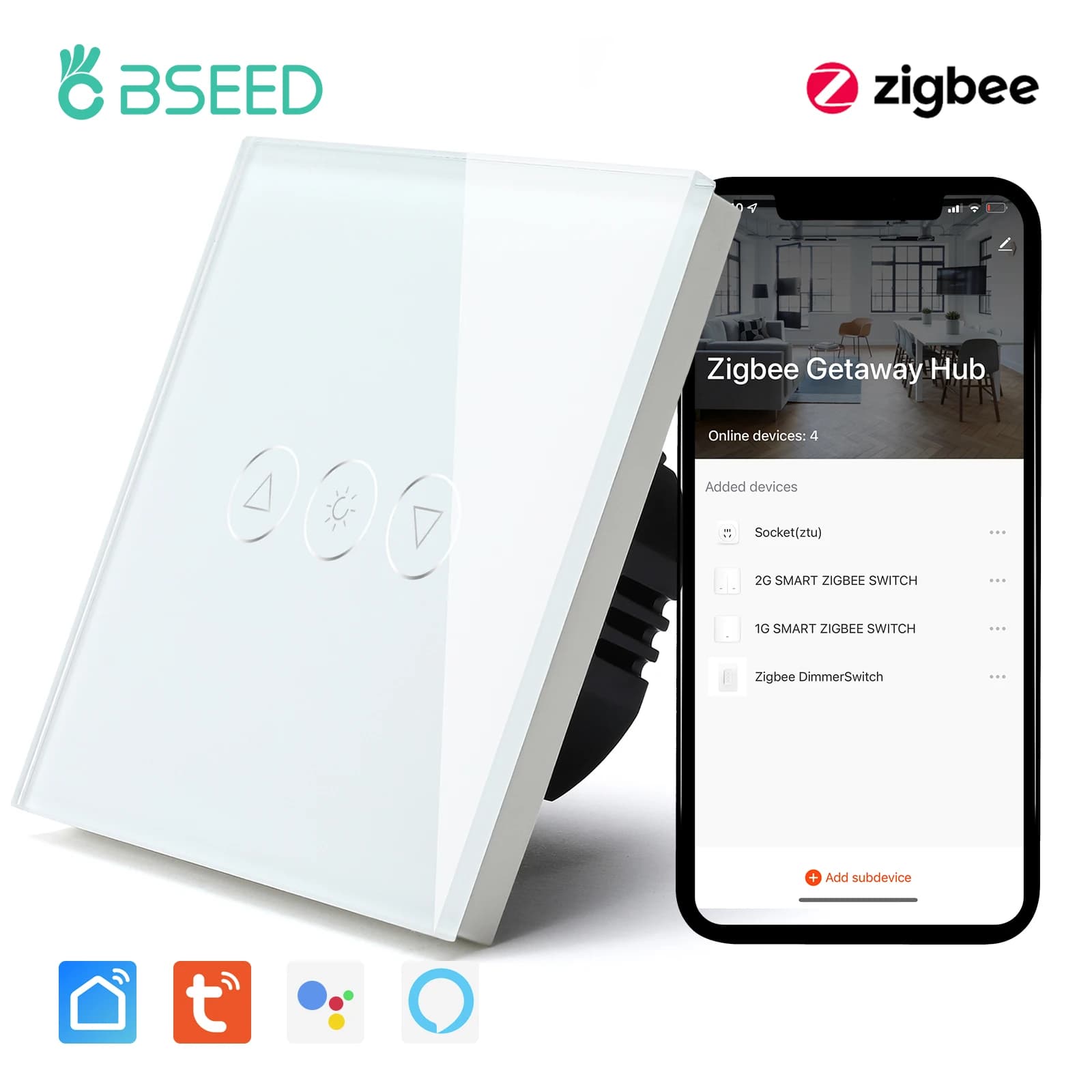 BSEED Zigbee Dimmer Interruttori Smart LED Dimmerabile Interruttore del sensore tattile Retroilluminazione blu Pannello in vetro Google Tuya Smart Life Control