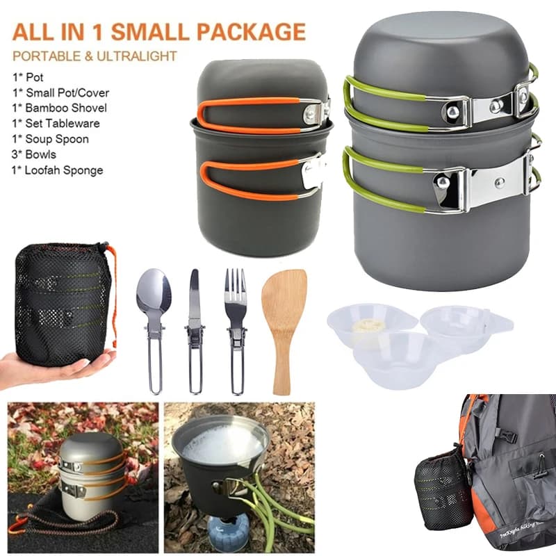 Nuovo vaso da campeggio portatile set da esterno escursione picnic barbecue cucina pentole pieghevoli utensili da cucina cucchiaio coltello attrezzatura