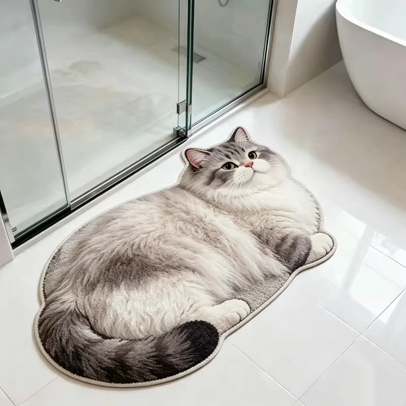 VIKAMA Realistic Silver Tabby Chubby Cat Irregular Bath Mat Non Slip Absorbent Rug Shower Bedroom Pet Home Decor