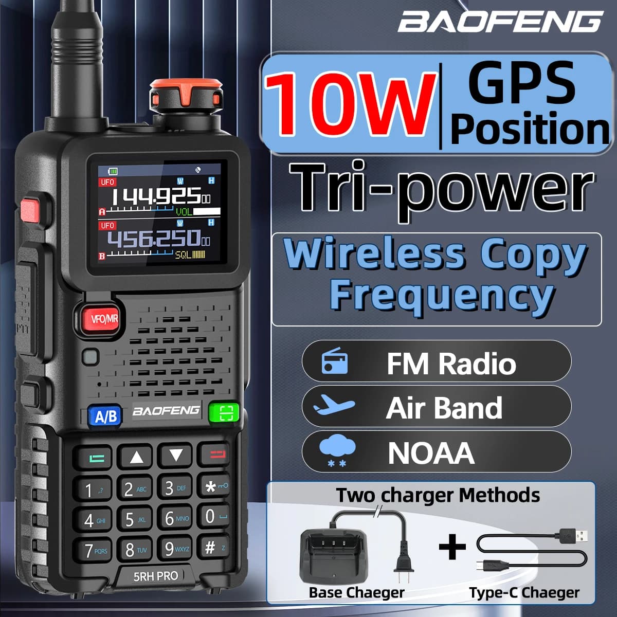 Baofeng UV-5RH PRO GPS Walkie Talkie a lungo raggio Multi Band Wirless Frequenza di copia NOAA Tipo-c Radio da traino portatile per la caccia