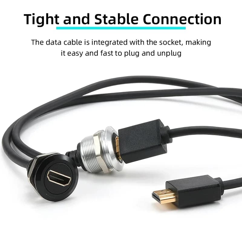 HDMI 2.0 metal extension cable from 0.5-2 m, female-male connectors, recessed mounting adapter, for cars, trucks, motorcycles, industry
