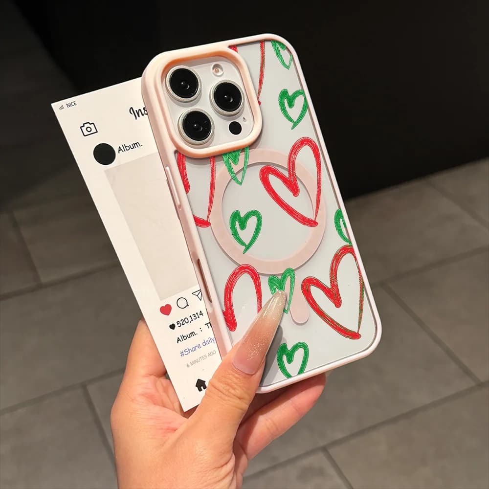 Red Green Heart Doodles Slim Phone Cover For iPhone 18 17 16 15 14 13 12 11 Pro Max Anti-Fingerprint Shockproof Case