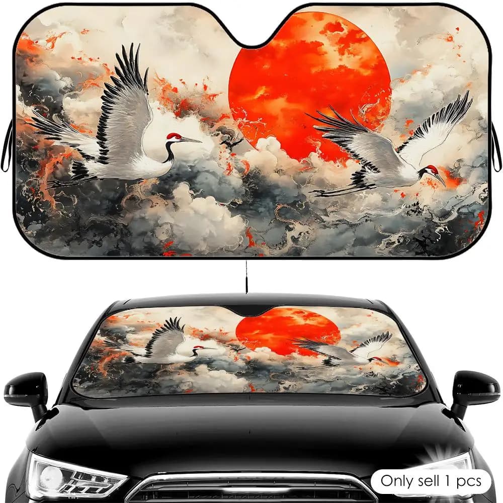 Parasole per Auto con Arte delle Gru Giapponesi, Pieghevole, Universale, Protezione UV, Isolamento Termico, Copertura Richiudibile