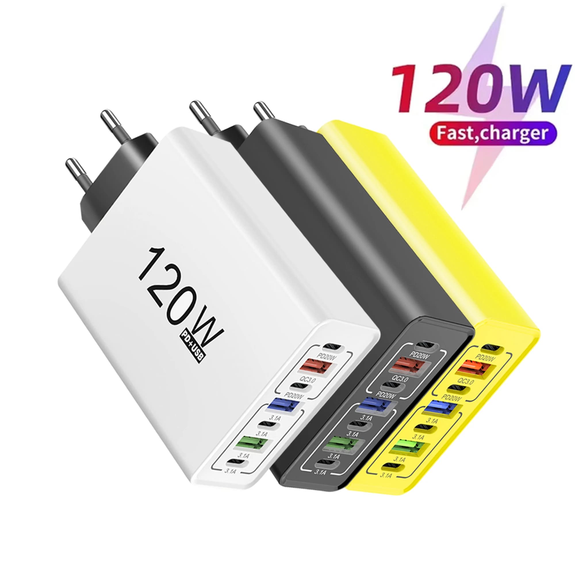 Caricatore USB C Multiplo da 120W, Adattatore da Muro a Ricarica Rapida per iPhone 15 16 17 Samsung Xiaomi Huawei, Caricabatterie per Cellulari con Spina EU/US