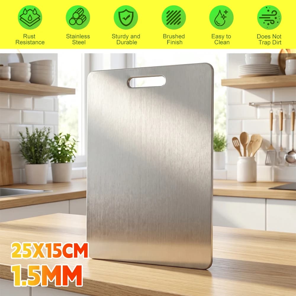 Food Grade Stainless Steel Cutting Board 25x15cm Rust-Resistant Durable Kitchen Chopping Board for Home Camping, Non-Scratch, Dishwasher Safe, Anti-Bacterial Prep Board