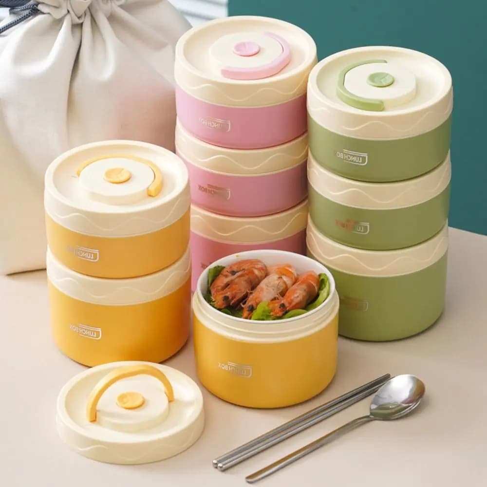 Scatola per il pranzo con rivestimento in ceramica sigillata Pratica scatola per il pranzo isolata a forma rotonda Stoviglie per contenitori per il pranzo termici riutilizzabili impilabili
