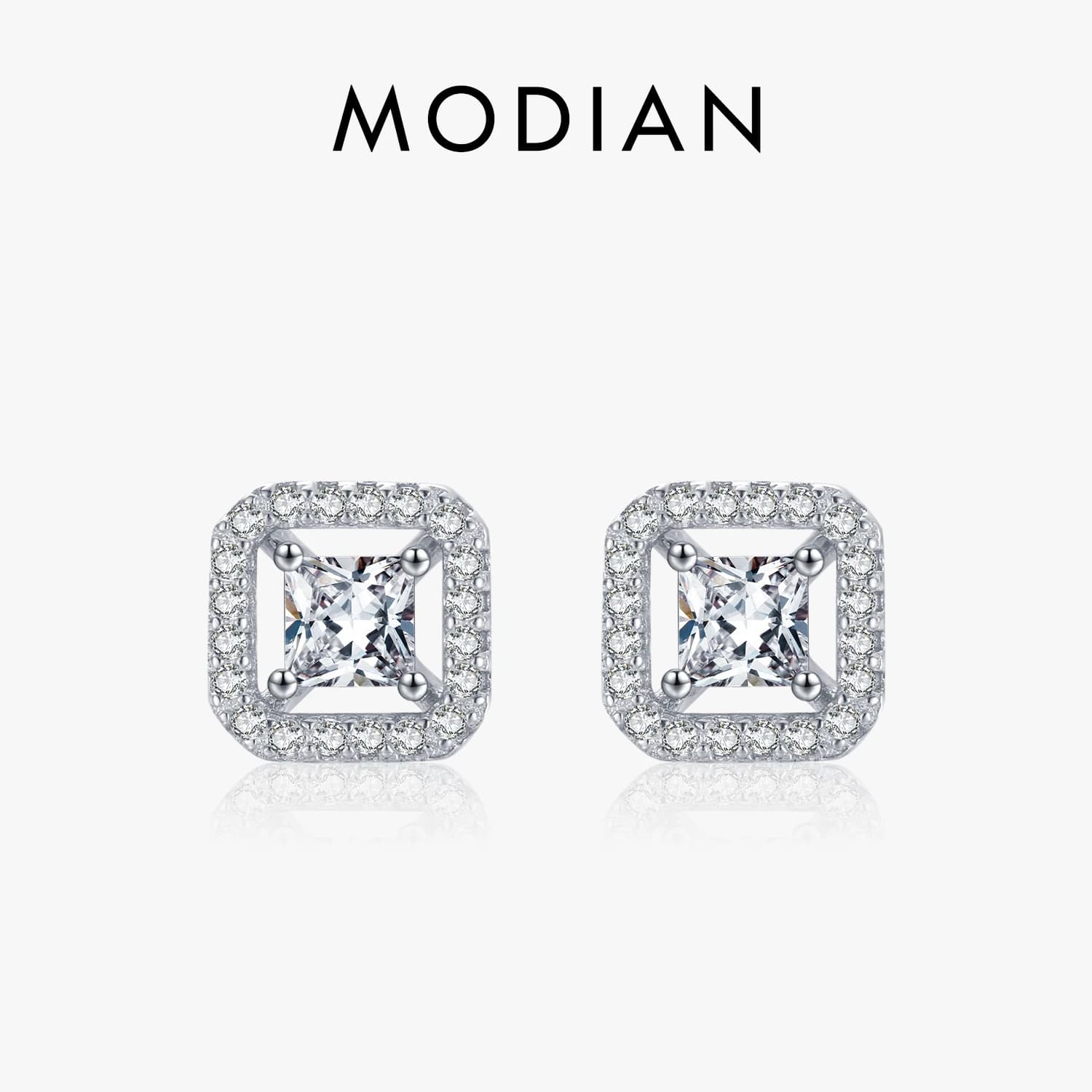 Modian Authentic 925 Sterling Silver Twinkling Geometric Square Stud Earrings for Women Classic Wedding Engagement Jewelry
