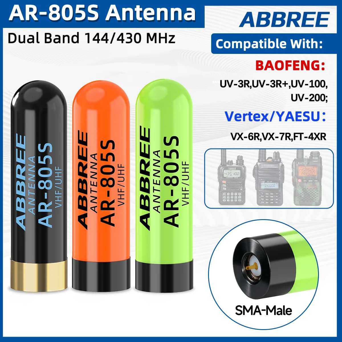 ABBREE AR-805S Mini Walkie Talkie Antenna High Gain SMA-Male Dual Band For Retevis RT1 RT3S RT3 RT8 RT81 TYT MD-380 Ham Radios