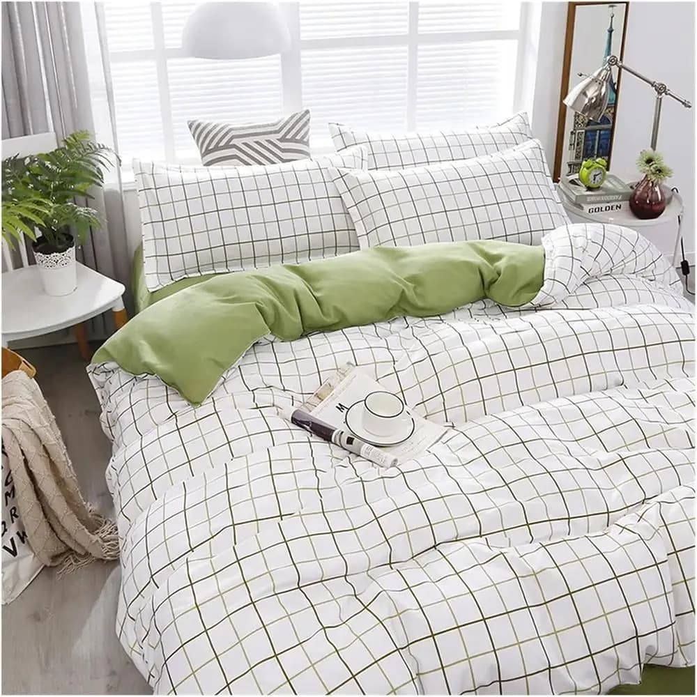 Set di biancheria da letto invernale - Bianco e Verde, Lenzuola per letto matrimoniale, Copripiumino Queen Size, Federe, Lenzuolo sotto, Design a griglia classico