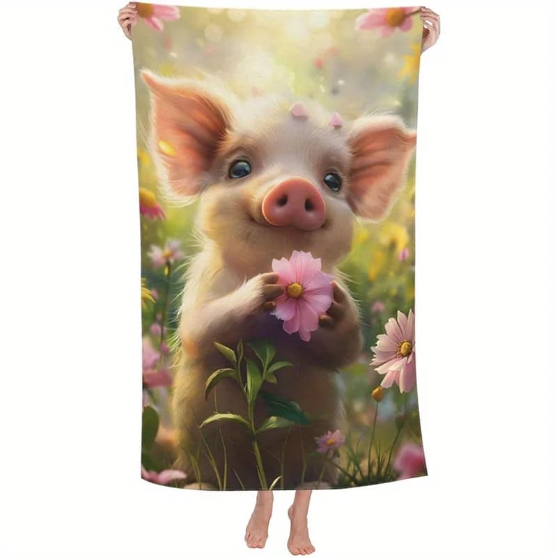 Telo da spiaggia con motivo simpatico maiale e fiori, protezione solare, antivento, adatto per piscina, campeggio, coperta da viaggio
