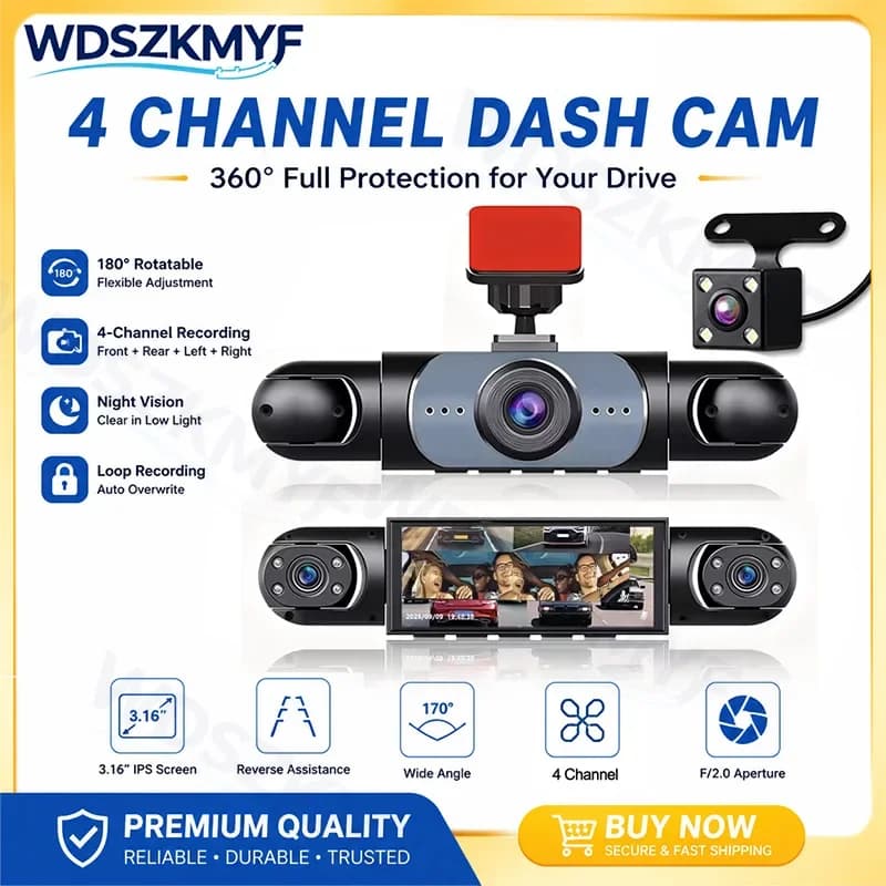 360° Panoramic DashCam 1080P 3/4-Channel Front Left right Rear Recording Loop Recording Camera Night Vision Car DVR auto parts