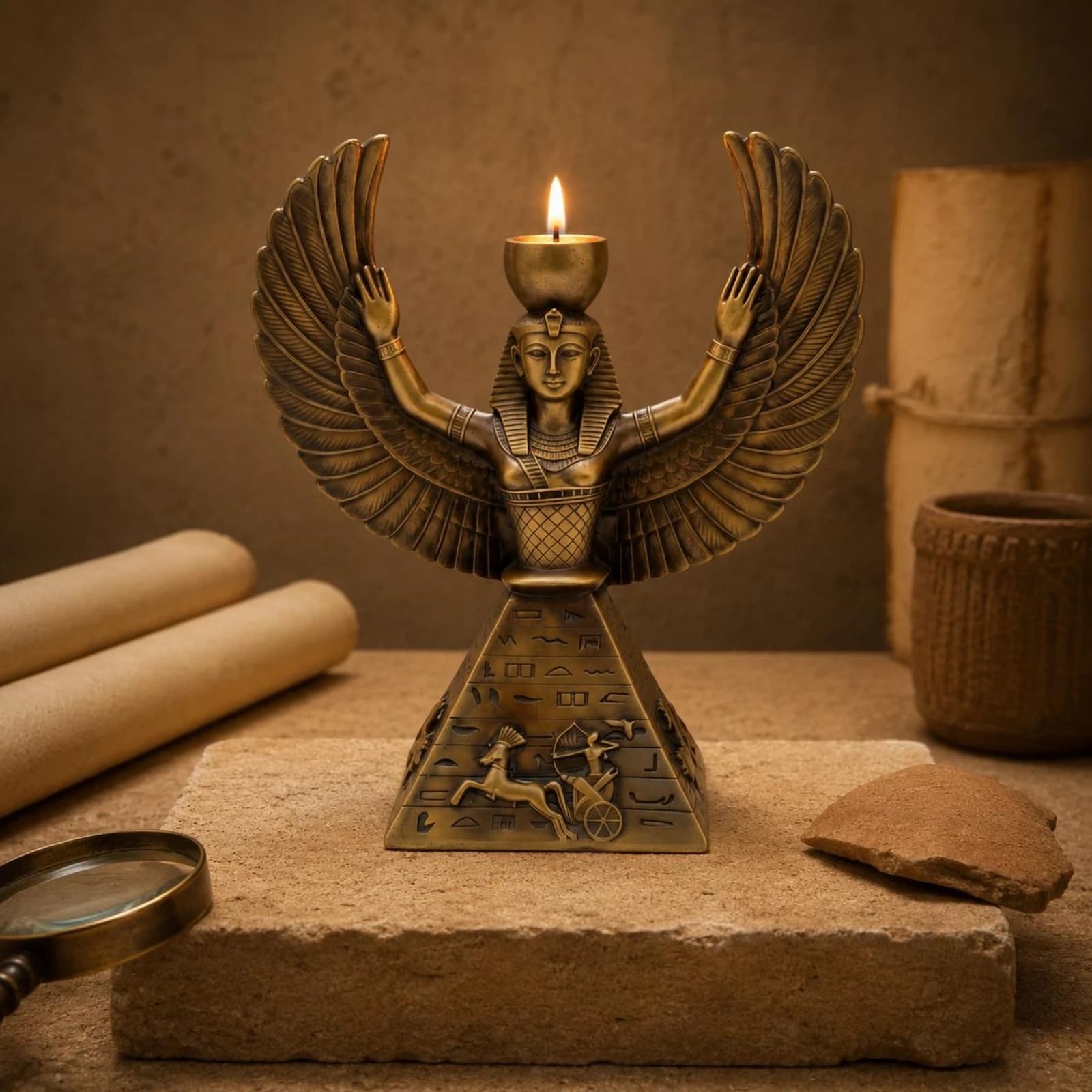 Isis Candle Holder Sculpted Egyptian Deity Statue Winged Candle Holder Hieroglyph-Style Home Decor Decorative