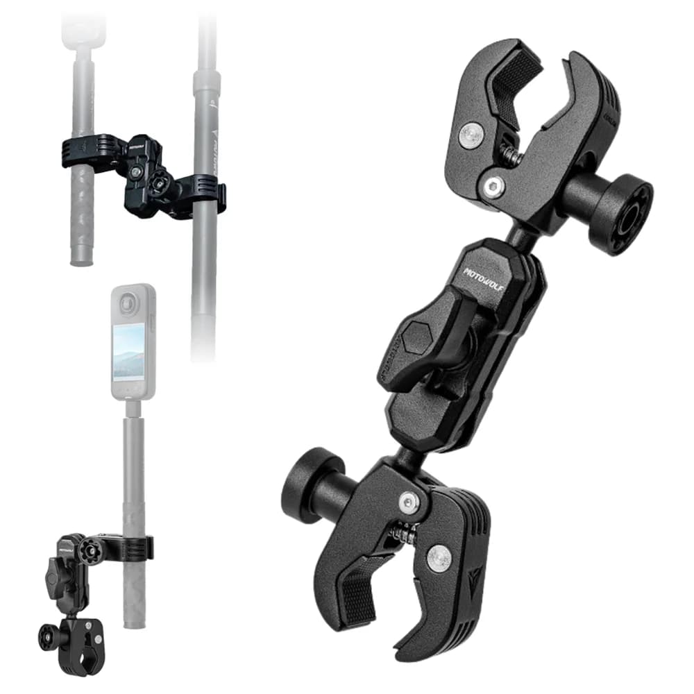 Supporto a Doppia Clip per Moto e Bicicletta, Morsetto a Granchio per Fotocamera, Asta Selfie, Monopiede, Supporto per Manubrio per Insta360 X4 e GoPro 13