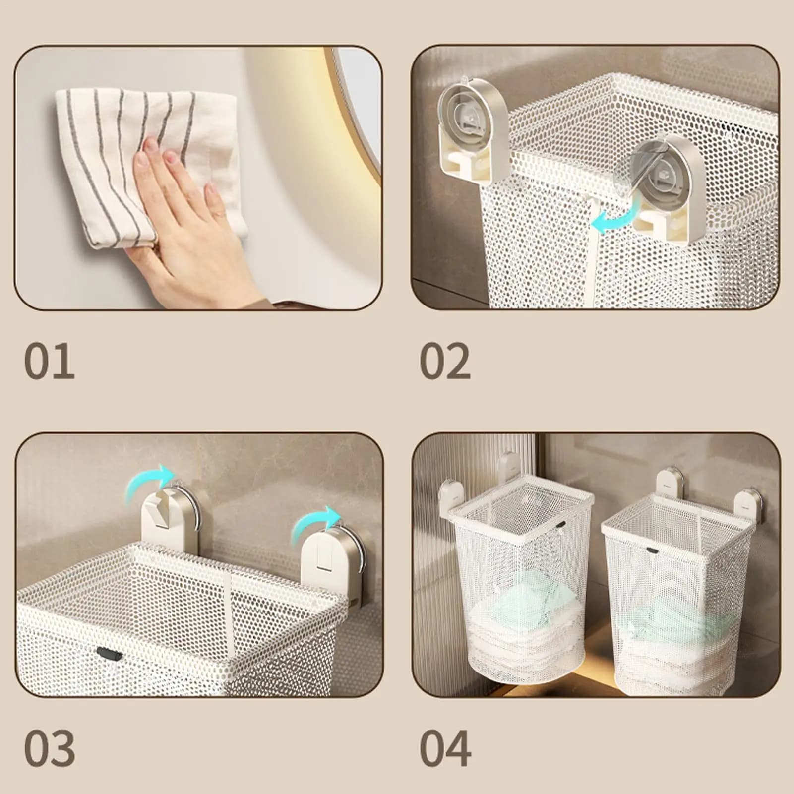 Foldable dirty laundry basket with suction cup, laundry organizer, mesh bag for home and bathroom organization, ideal for shirts