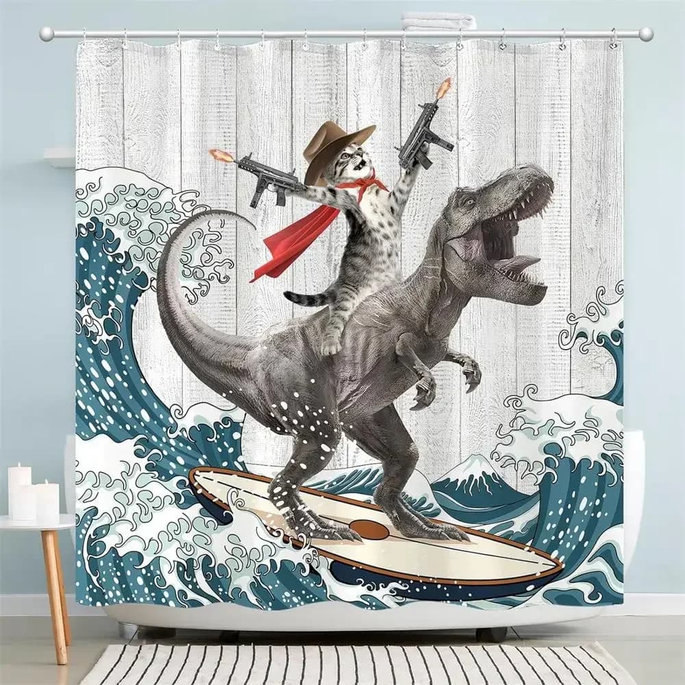 Funny Cowboy Cat Riding Surfing T-Rex Dinosaur With Double Guns Japanese Kanagawa Wave White Wood Plank Print Shower Curtain Hum