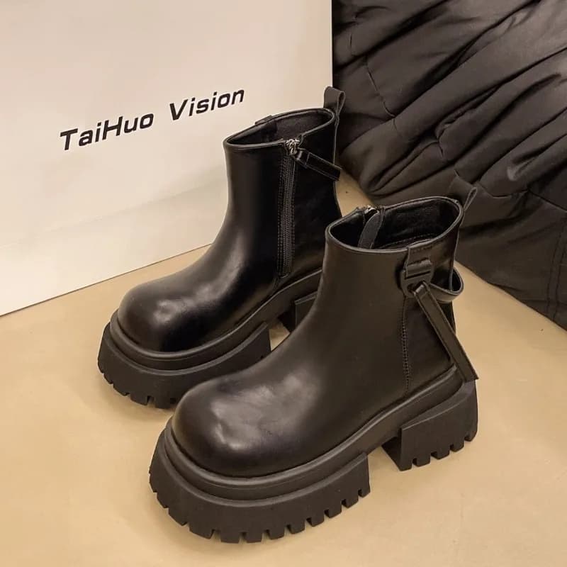 Nuove Scarpe da Donna alla Moda, Stivali alla Caviglia con Plateau in Stile Britannico, Stivali da Motociclista con Punta Rotonda, Scarpe di Design, Botas Mujer