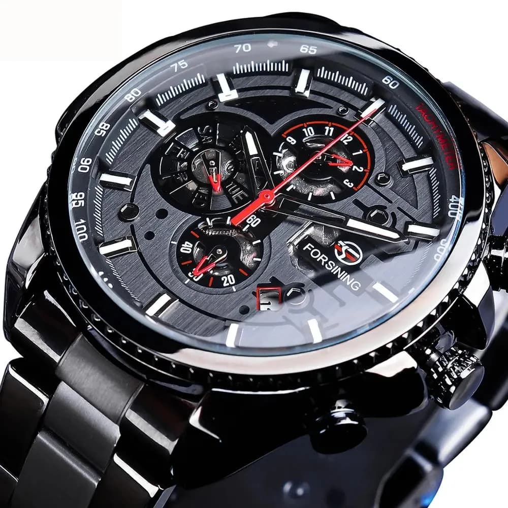 Forsining Sports Men's Mechanical Wristwatches Multifunctional panelling Luminous Hands Military Automatic Watch Luxury Steel Strap