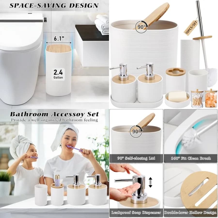 Accessori con cestino per rifiuti, 2 dispenser di sapone, portasapone, porta spazzolino, bicchiere per spazzolino, spazzolino da bagno, vassoio e porta bastoncini Q-tip
