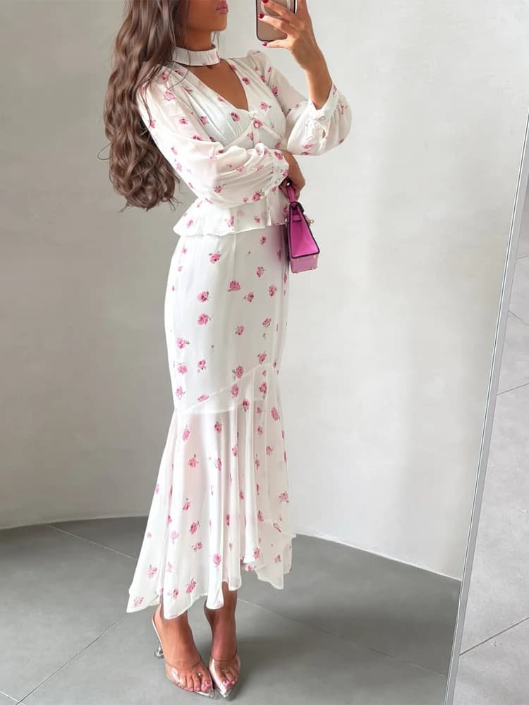 Abito Midi Floreale Bianco e Rosa da Donna con Scollo a V Elegante, Maniche a 3/4, Orlo con Balze a Peplum, Vestito Casual Aderente per Cocktail