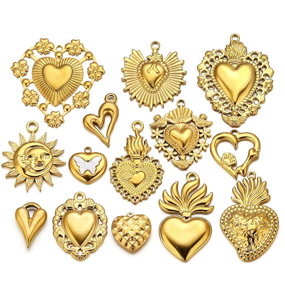 5 heart shaped pendant connectors and sun in stainless steel PVD gold plated for DIY necklaces, bracelets, jewelry creation, wholesale accessories