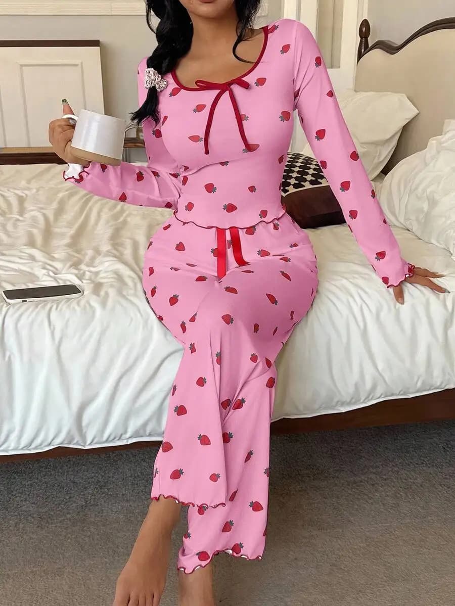Strawberry Print Long Sleeve Pajama Set For Women, Two Piece Sleepwear