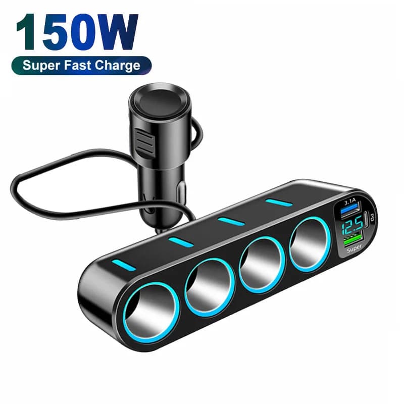 Car Charger Adapter 7 in 1 from 150 W Fast PD QC3.0 Car Charger Adapter Splitter Charger Multi USB Car Adapter Accessories