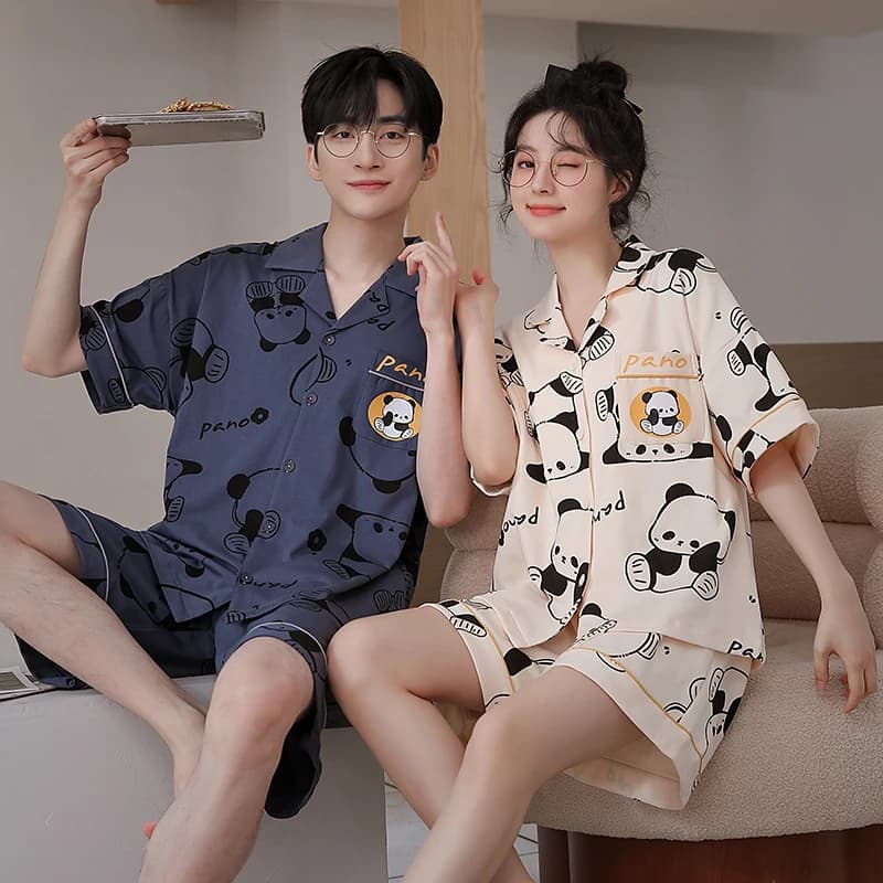 Cartoon Panda Couple Pajamas for Girls Summer Cotton Short Sleeve Cardigan Thin Men's loose loungewear set pijamas para parejas