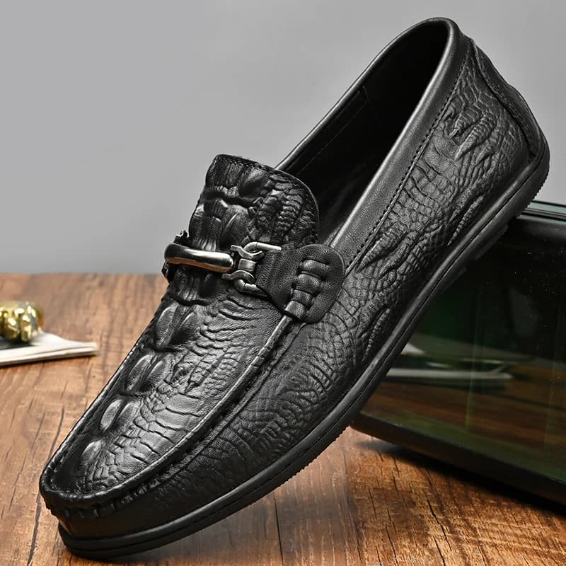 Mocassini da Uomo Casual con Suola Morbida, Superficie in Pelle, Motivo a Fagiolo, Comodi, Traspiranti, Punta Rotonda, Texture Coccodrillo