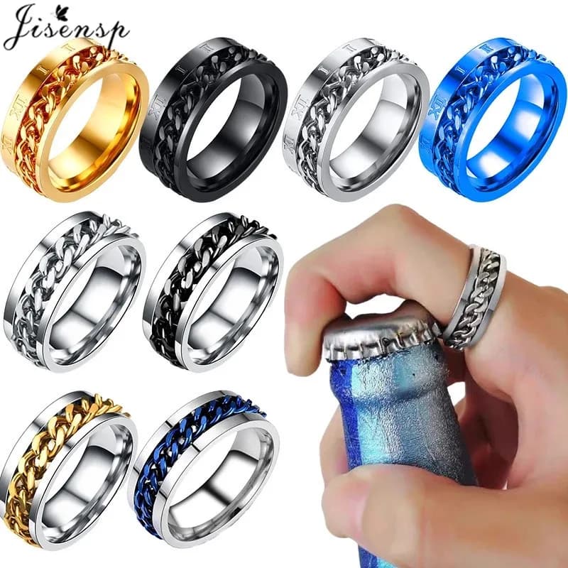 Ins Fashion Men Rotatable Chain Link Ansia Fidget Anelli Titanio Acciaio inossidabile Spinner Anello da dito Blu Nero Punk Regalo