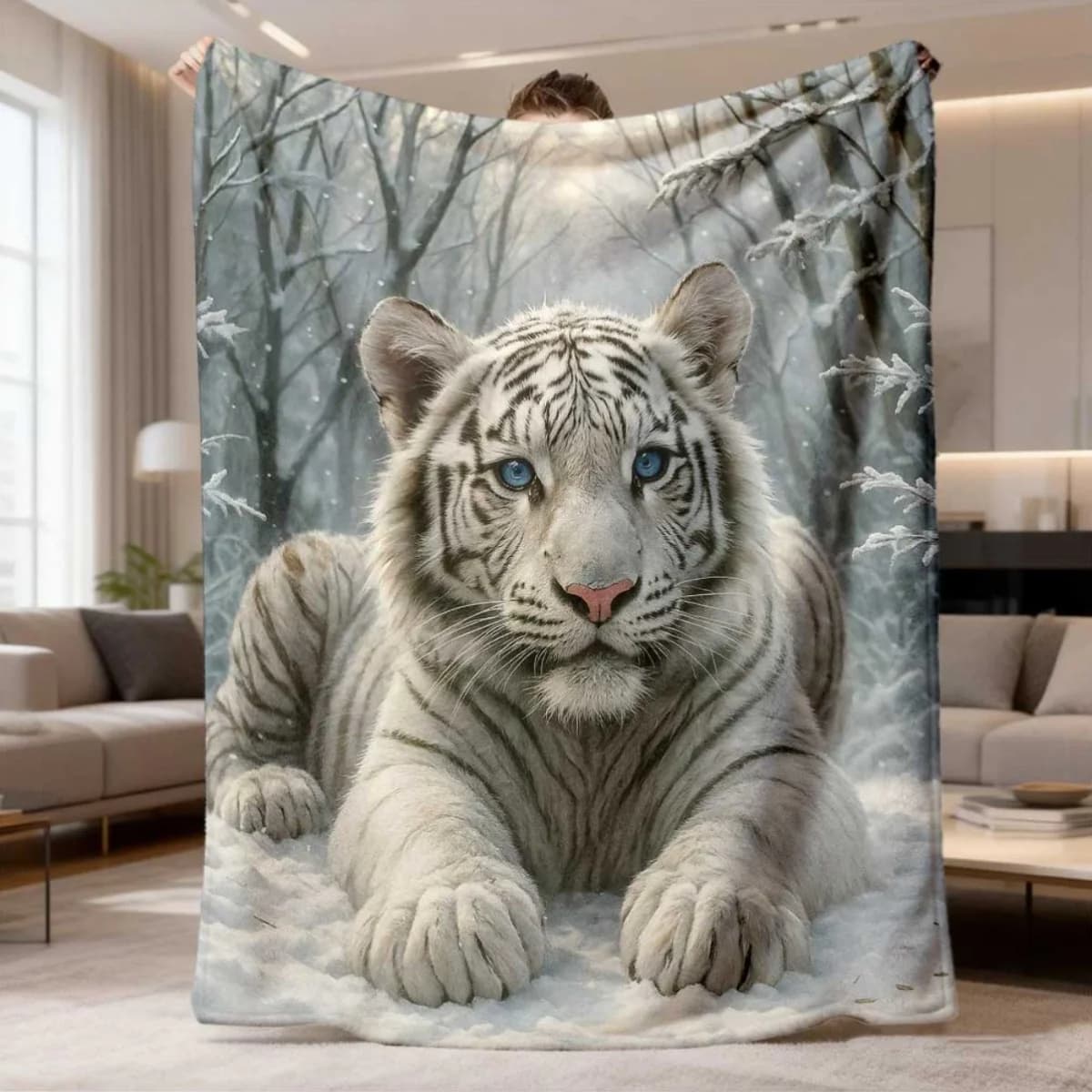Lifelike White Bengal Tiger Snowy Frosted Bare Tree Winter Snow Scene Background Pattern Flannel Throw Blanket,Warm Cozy Blanket