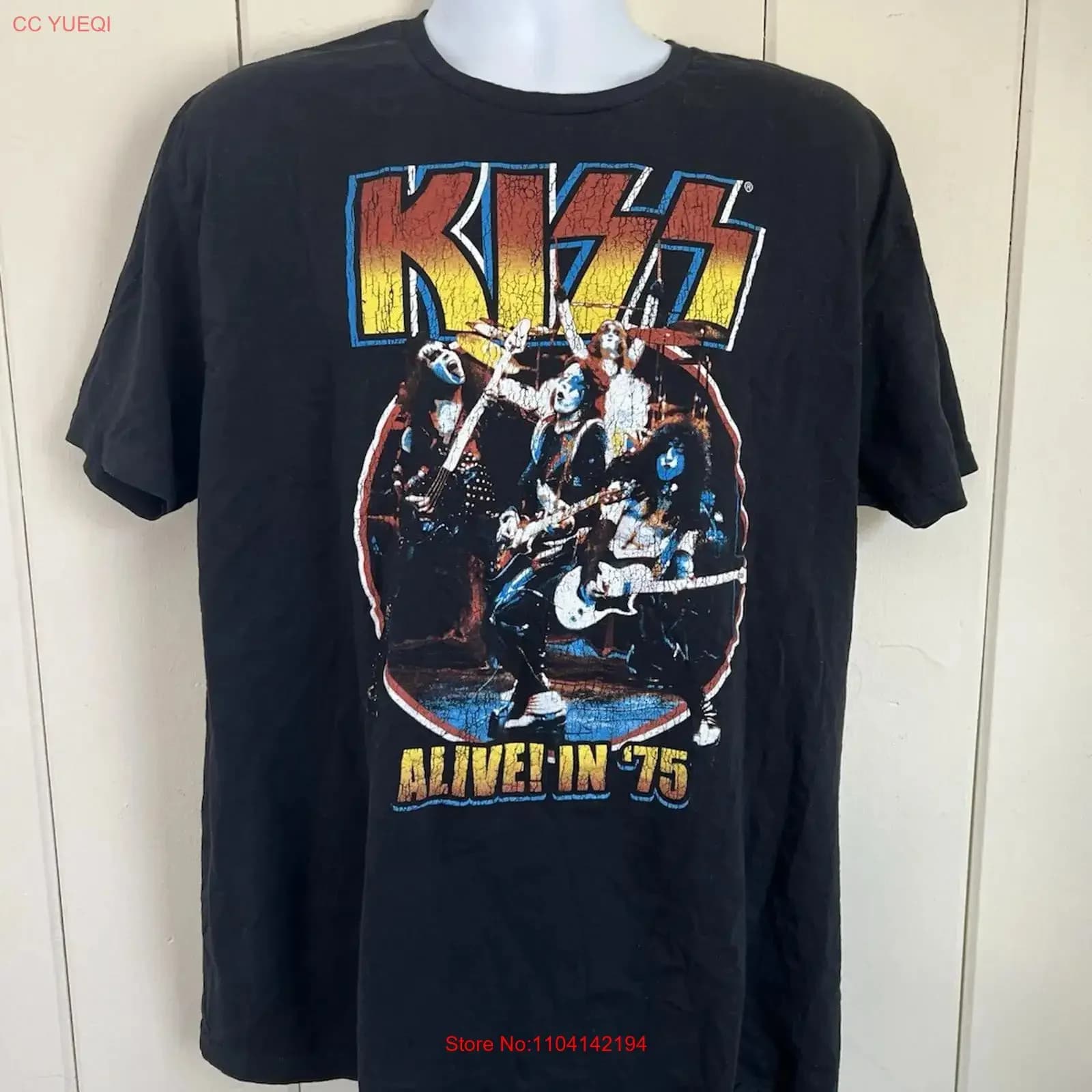 Maglietta da uomo Kiss Alive In 75 XL nera vintage lavata traspirante elasticizzata streetwear firmata
