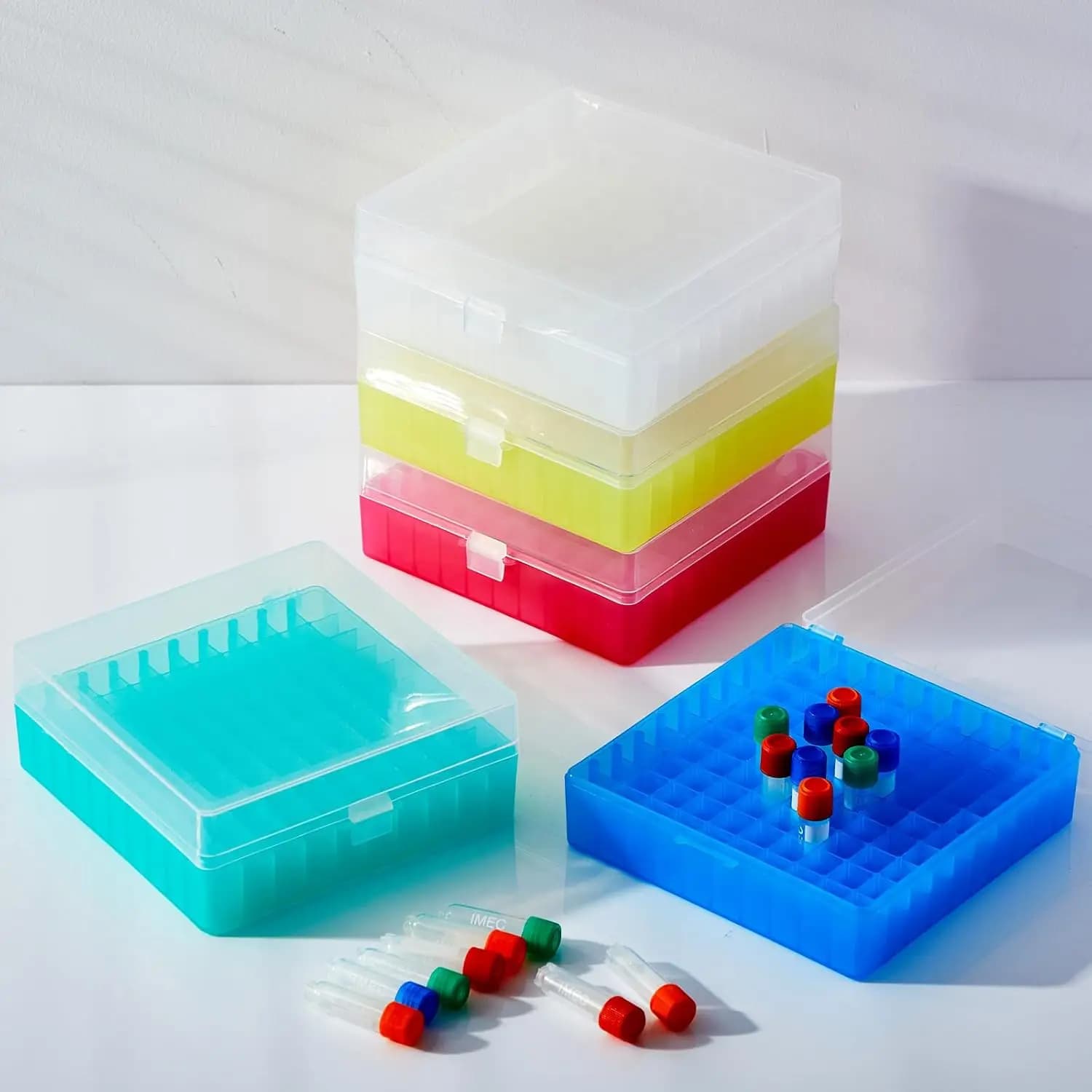 100Holes Centrifuge Tube Cryogenic Storage Box with Snap Clasp Freezer Box Centrifuge Tubes Holder Rack for Lab Vial Storage