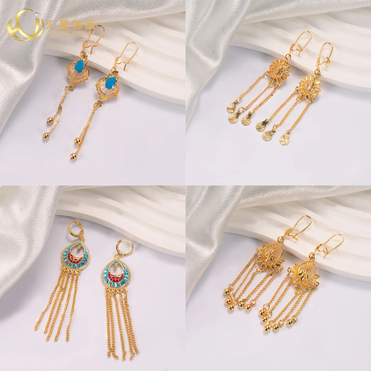 Huixing Orecchini in oro sabbia Medio Oriente Orecchini con frange placcate in oro Fiori da sposa indiani da donna semplici orecchini di lusso leggeri w