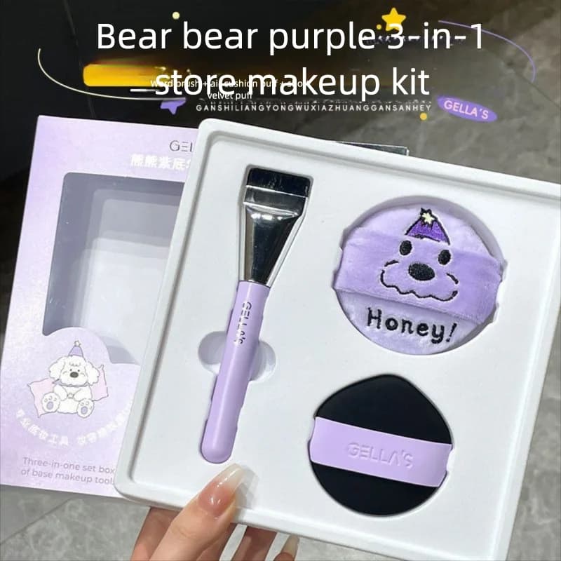 Gellas Bear Purple Powder Puff Cushion Strumento per il trucco non assorbente Set di pennelli per fondotinta liquido in tre pezzi