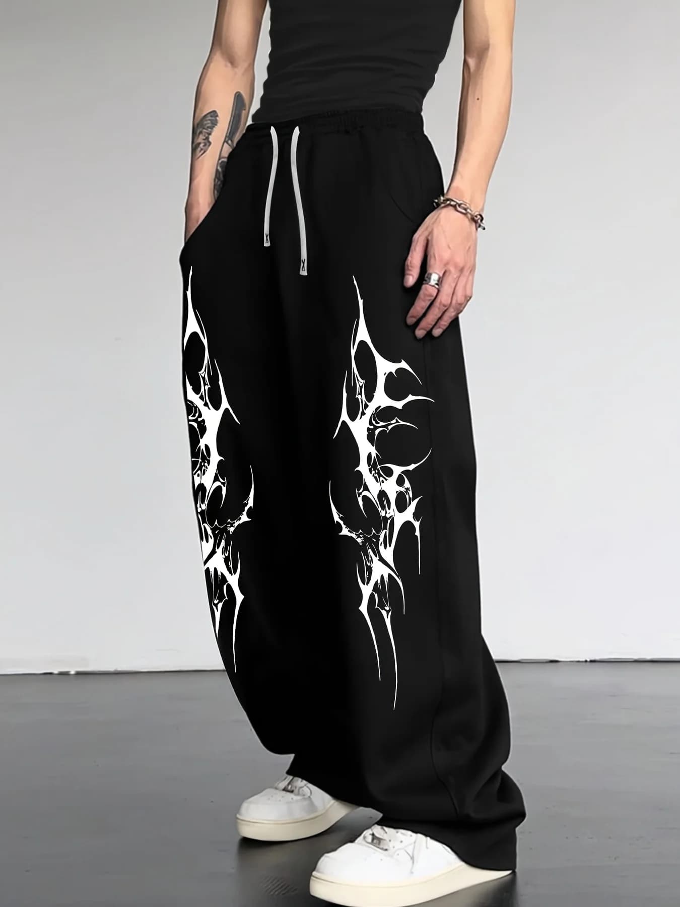 Gothic Tattoo Print Men's Casual Sporty Loose Straight Leg Trousers, New Style for All Seasons, Streetwear Men Pants