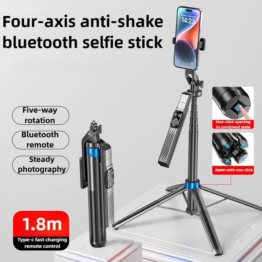 Stabilizzatore per supporto per telefono con treppiede per selfie stick anti-vibrazione da 1,8 m con telecomando Bluetooth per fotografia e riprese video