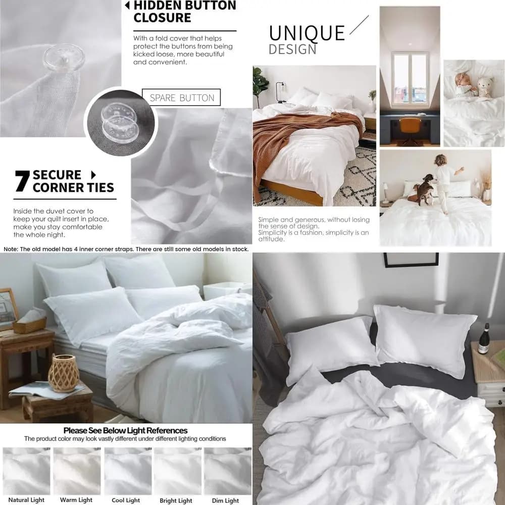 Set Copripiumino in Lino - 3 Pezzi, Stile Francese Naturale, Traspirante, Chiusura a Bottoni, Bianco e Blu