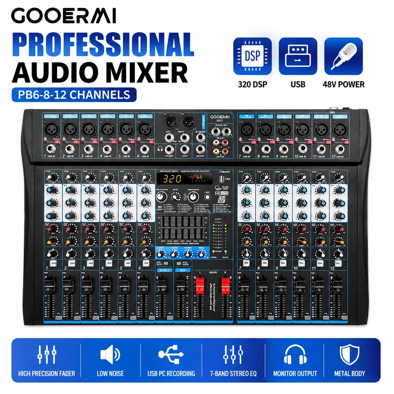 GOOERMI Professional DJ Audio Mixer 6-12CH USB Digital Mixing Console 320 DSP Effects 48V Phantom Power for Studio Live Karaoke