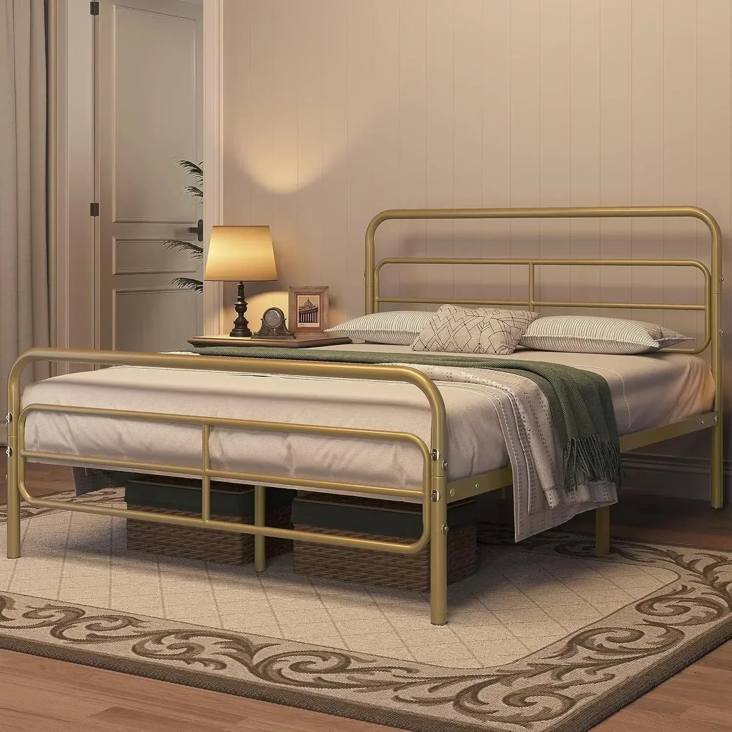 Per base per materasso con struttura letto con piattaforma in metallo Full/Queen con testiera con motivi geometrici, supporto a doghe robusto, oro antico