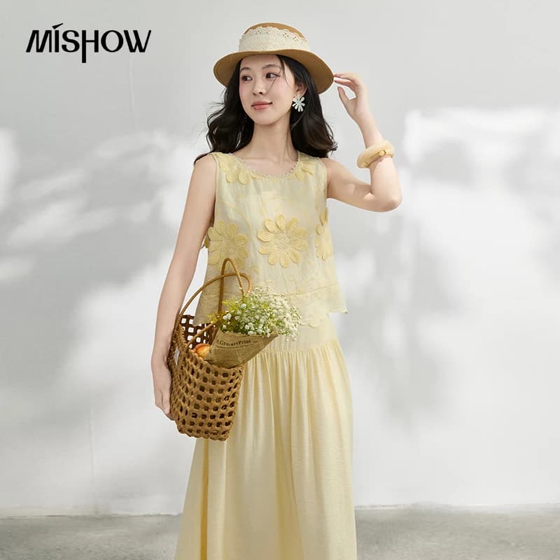 MISHOW French Floral Embroidery Blouse Solid Skirt Sets Summer Sleeveless Tank Top High Waist Midi Skirt Vacation Set MXF25T1627