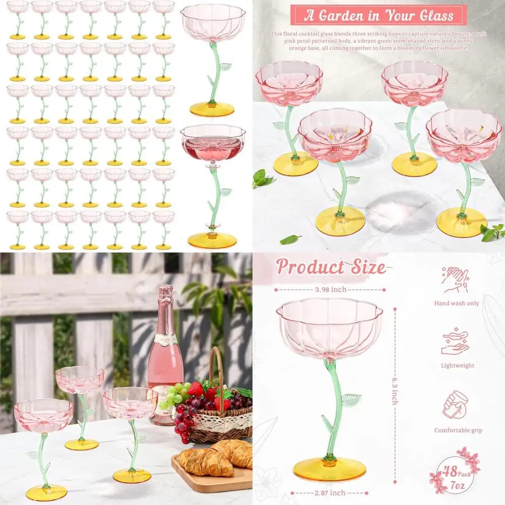 Confezione da 48 Bicchieri da Cocktail Rosa in Plastica Ondulata da 7oz, Calici Smontabili per Mimosa e Champagne