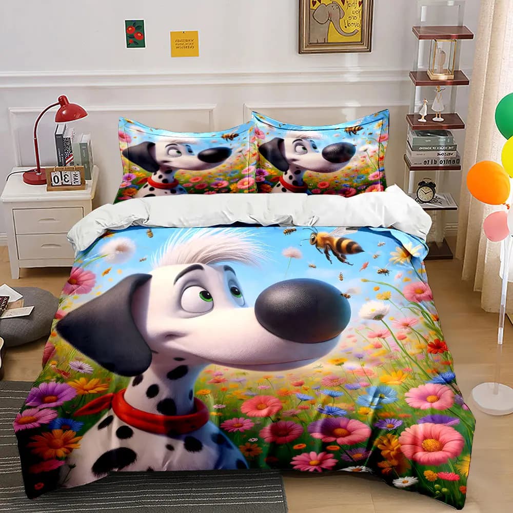 Set copripiumino con motivo dalmata e api in campo di fiori, stampa digitale, biancheria da letto colorata in poliestere con chiusura a cerniera