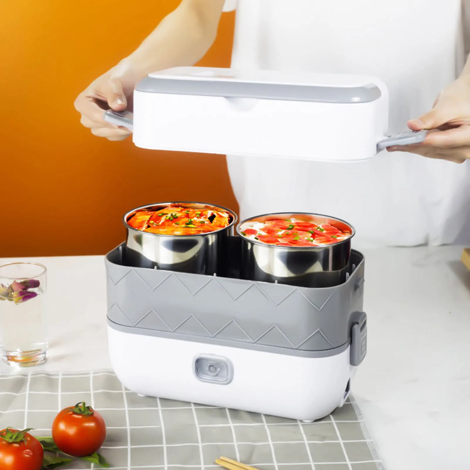 Lunch Box elettrico a 2 livelli Riscaldatore per alimenti Fornello da viaggio portatile Contenitore Bento isolato in acciaio inossidabile 110V 200W con riscaldamento rapido