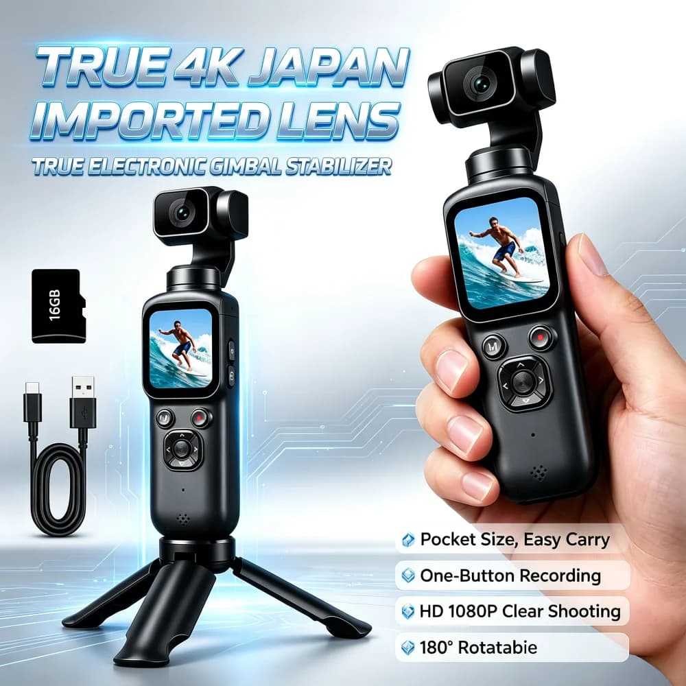 Gimbal 4K Pocket Vlogging Camera Handheld Blogging Cam 330° Rotating Lens & Face Tracking Wifi Webcam Touch Screen for Beginner