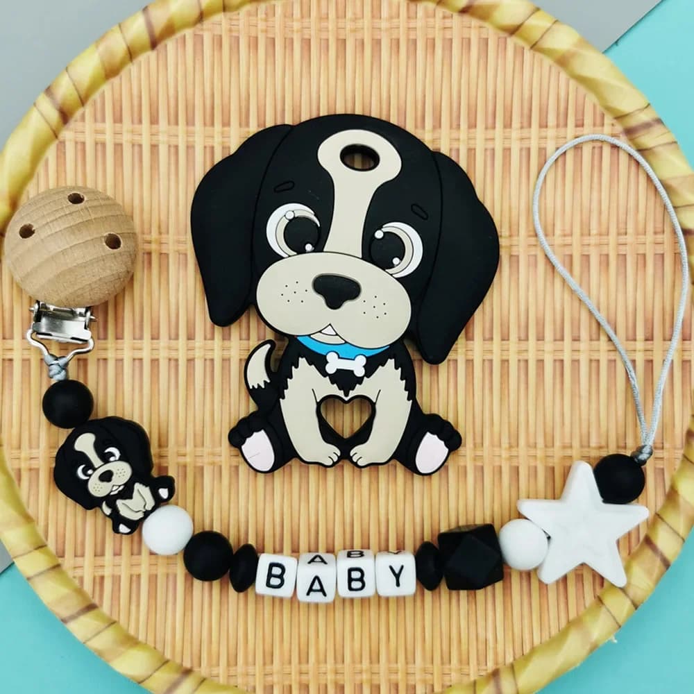 Personalizzato Inglese Russo Lettere Nome Del Bambino Del Silicone Del Cane Ciuccio Pinze Catene Fai Da Te Massaggiagengive Pendenti Ciuccio Del Bambino Kawaii Massaggiagengive