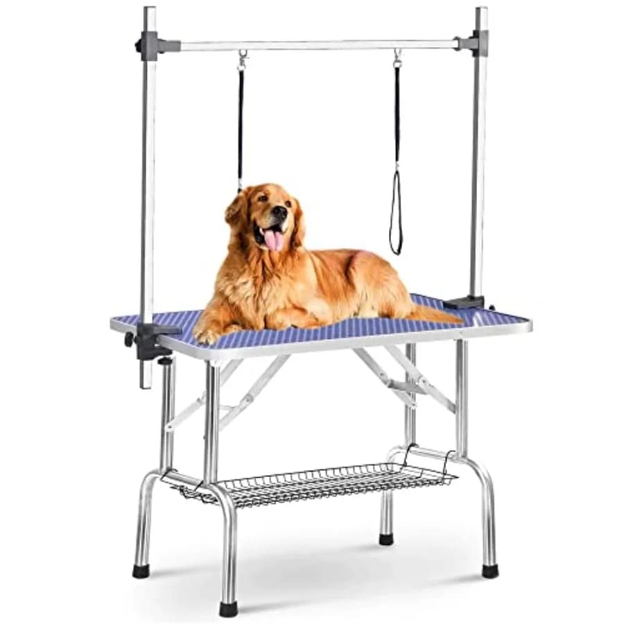 Tavolo da Toelettatura per Cani da 36 Pollici, Altezza Regolabile, con Corde di Supporto e Vassoio in Rete, Adatto per Uso Domestico e Lavaggio Cani