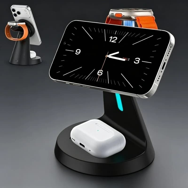 Stazione di ricarica wireless magnetica rapida multi-dispositivo con supporto per telefono, orologio, auricolari, luce ambientale a LED e supporto da scrivania