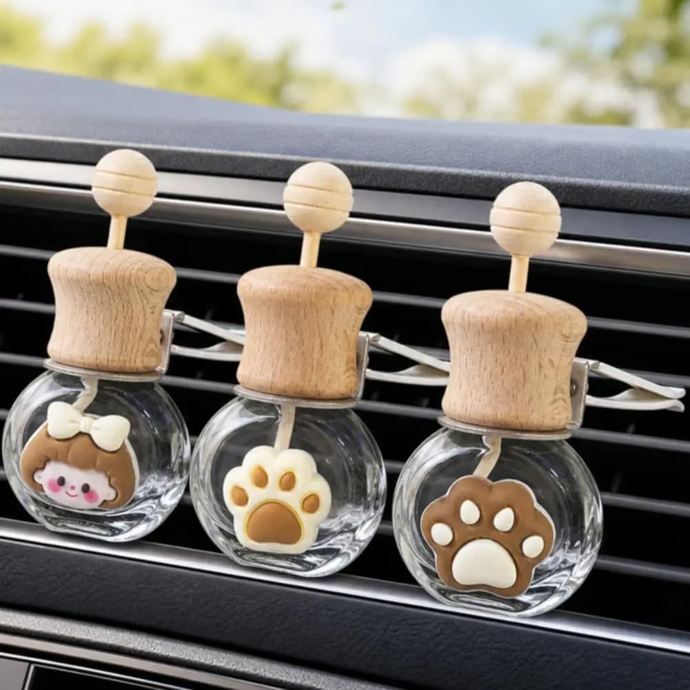 Cute Cat Paw Car Air Vent Perfume Bottle Clip Wooden Cap Refillable Glass Essential Oil Diffuser Outlet Decor