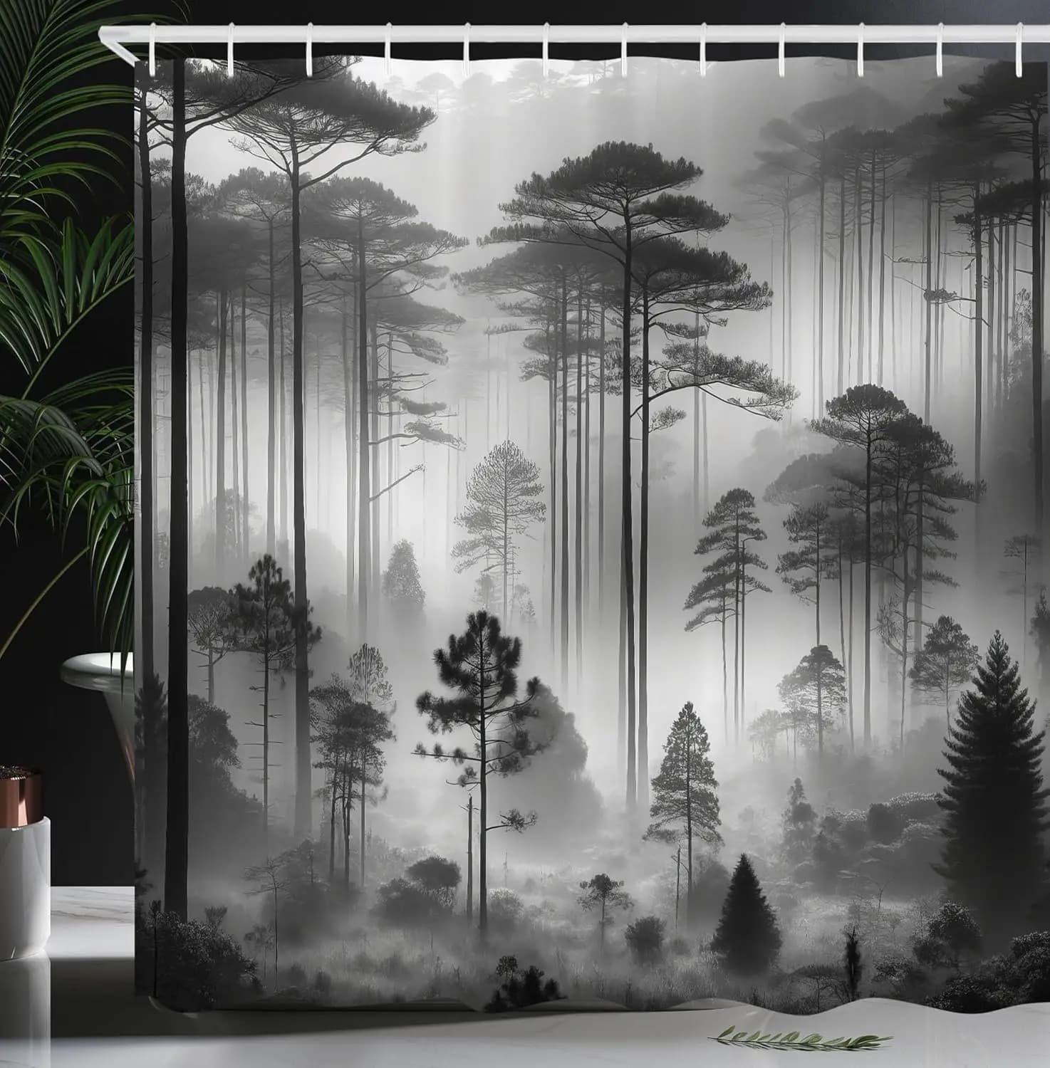 Black White Misty Pine Forest Landscape Print Shower Curtain Waterproof Mildew Resistant Polyester Fabric With Plastic Hooks Eas